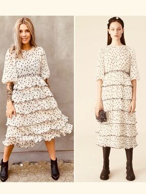 Ganni Women’s Dark Cream Black Polka Dot Pleated Ruffle Puff Sleeve Midi Dress 6